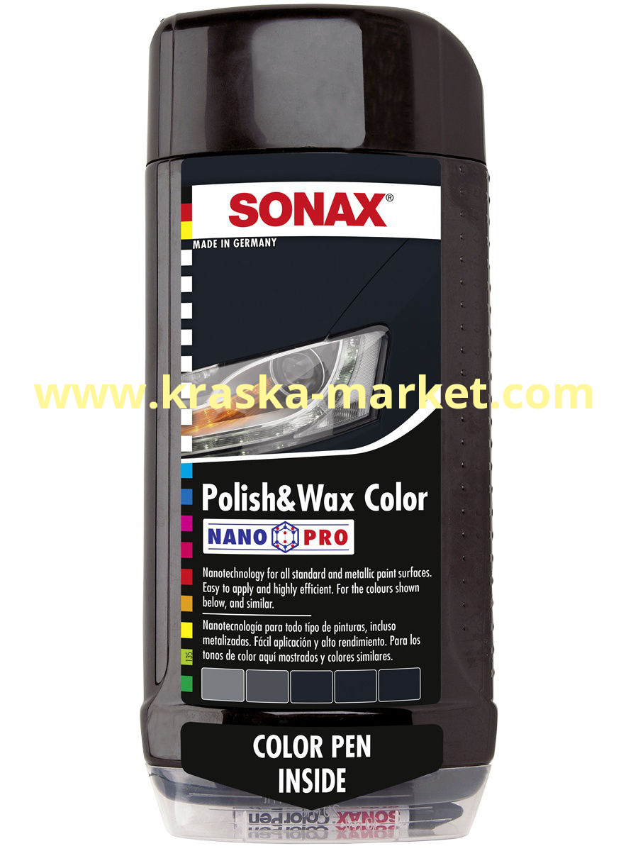 Цветной полироль с воском . Цвет: черный. Объем(м3): 0,5 л. Артикул: 296100. Производитель: SONAX.